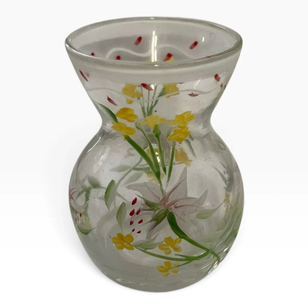 Small Hand-Painted Floral Glass Vase Clear Yellow Red Green Bud Flower Art Decor